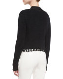 Fuzzy Tassel-Trim Mock-Neck Sweater, Black