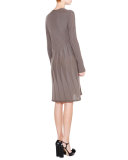 Long-Sleeve V-Neck Pleated Dress, Mud