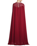 Beaded-Yoke Georgette Caftan Gown, Ruby