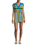 Striped Wrap Mini Dress, Blue/Orange/Green