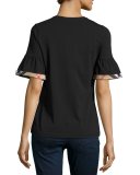 Crewneck Tee w/ Gathered Check-Trim Sleeves, Black