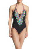 Dashiki V-Neck Printed One-Piece Swimsuit