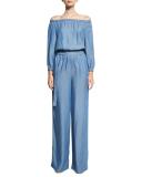 Long-Sleeve Off-the-Shoulder Jumpsuit, Blue