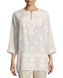 3/4-Sleeve Embroidered Tunic, Pink