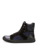 Mixed-Media High-Top Sneaker, Navy 