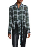 Fluid Tartan Plaid Silk Blouse, Green