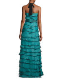 Tiered Silk Organza Halter Gown, Teal