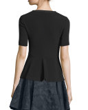 Short-Sleeve Zip-Front Peplum Blouse, Black
