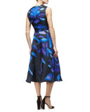 Sleeveless Leaf-Print Midi Dress, Lapis/Multi