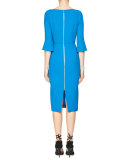 Trumpet-Sleeve Asymmetric-Neck Dress, Berber Blue