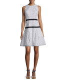 Sleeveless Daisy-Dot Dress, White/Black