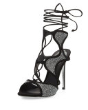 Crystal-Embellished Suede Ankle-Wrap Sandal, Black/Chrome