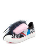 Mink-Fur Leather Monster Sneaker, Black/Multi