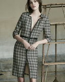Leather-Trim V-Neck Plaid Dress, Black/Pink/Gray