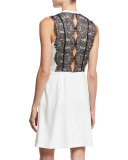 Halter-Neck Lace-Sleeve Dress, Ecru