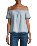 Denim Off-the-Shoulder Top with Released Hem, Indigo