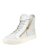 Crocodile-Print High-Top Sneaker, Bianco (White)