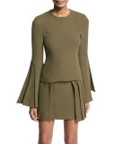 Layered-Sleeve Silk Blouse, Olive