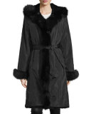 Hooded Silk Fur-Trim Coat, Black 