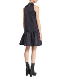 Sleeveless Drop-Waist Monili-Collar Dress, Black