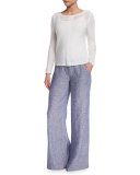 Long-Sleeve Sheer Illusion Sweater Top, Petite