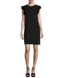 Luisa Ruffled Cap-Sleeve Shift Dress w/ Tie Back, Black