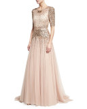 Beaded Short-Sleeve Tulle Gown