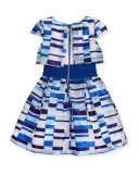 Short-Sleeve Geometric Tulle Popover Dress, Blue, Size 7-16