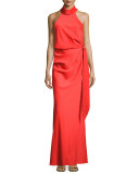 Sleeveless Draped Satin Gown, Red