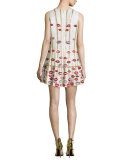 Lip-Appliqué Sleeveless Fluted Cocktail Dress, White/Gold