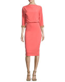 Beaded-Cuff 3/4-Sleeve Cocktail Dress, Coral/Gold