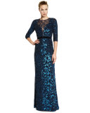 3/4-Sleeve Sequined Gown, Petrol