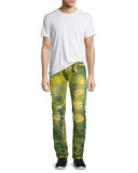 Long-Flap Slim Acid-Wash Jeans, Lime