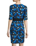 Half-Sleeve Printed Sheath Dress with Keyhole, Multi
