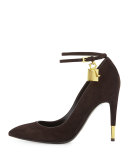 Suede Ankle-Lock Pump, Chocolate