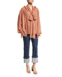 Long-Sleeve Oversized Ruffle-Trim Top, Dusty Pink
