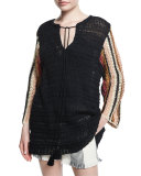 Cropped-Sleeve Crochet Top, Black Multi