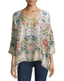 Emmy 3/4-Sleeve Printed Silk Boxy Top, Plus Size 