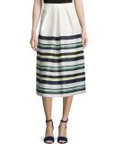Pleated-Front Striped Skirt, Cream/Multi