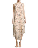 Sleeveless Wheat-Print Asymmetric Dress, Beige