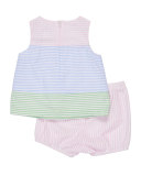 Sleeveless Floral Striped Seersucker Dress w/ Bloomers, Multicolor, Size 3-24 Months