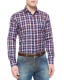 Plaid Long-Sleeve Sport Shirt, Burgundy/Navy