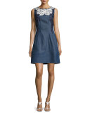 Threadwork-Embroidered Denim Dress, Blue