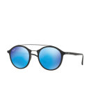 Round Iridescent Double-Bridge Sunglasses, Black/Blue