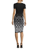 Graphic Jacquard Short-Sleeve Dress, Caviar/Bianco