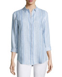 Sabira Long-Sleeve Striped Linen Blouse, Cerulean Blue Multi