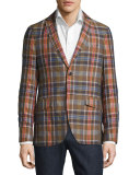 Madras Plaid Linen-Cotton Blazer, Beige