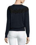 Long-Sleeve Lace-Trimmed Crewneck Sweater