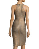 Sleeveless Metallic Halter Bandage Dress, Bronze/Combo