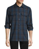 Plaid Flannel Military Shirt, Blue/Gray